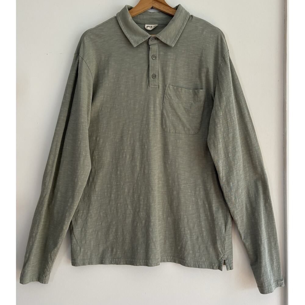 PACT Organic Cotton Polo Shirt Long Sleeve Jersey Slub‎ Knit Mens L Green Casual